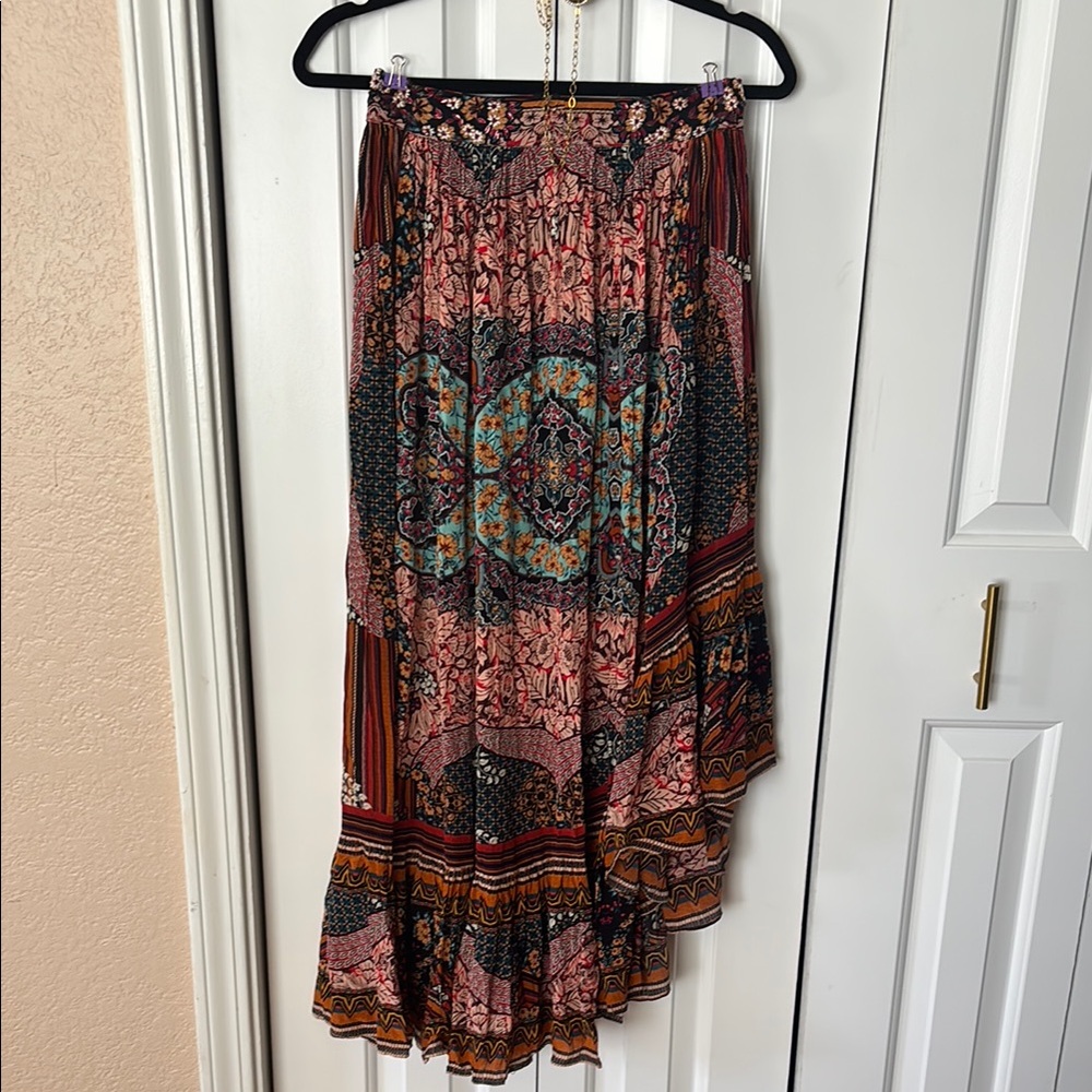 Pink Ruffled Asymmetrical Wrap Maxi Skirt